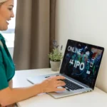 44174646 woman takes notes with laptop ipo stock market concept